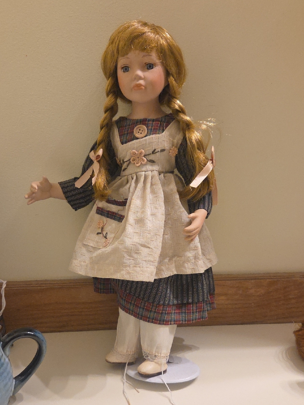 Vintage Porcelain Girl Doll in Beige Dress and Blonde Hair - Classic Kids Toy